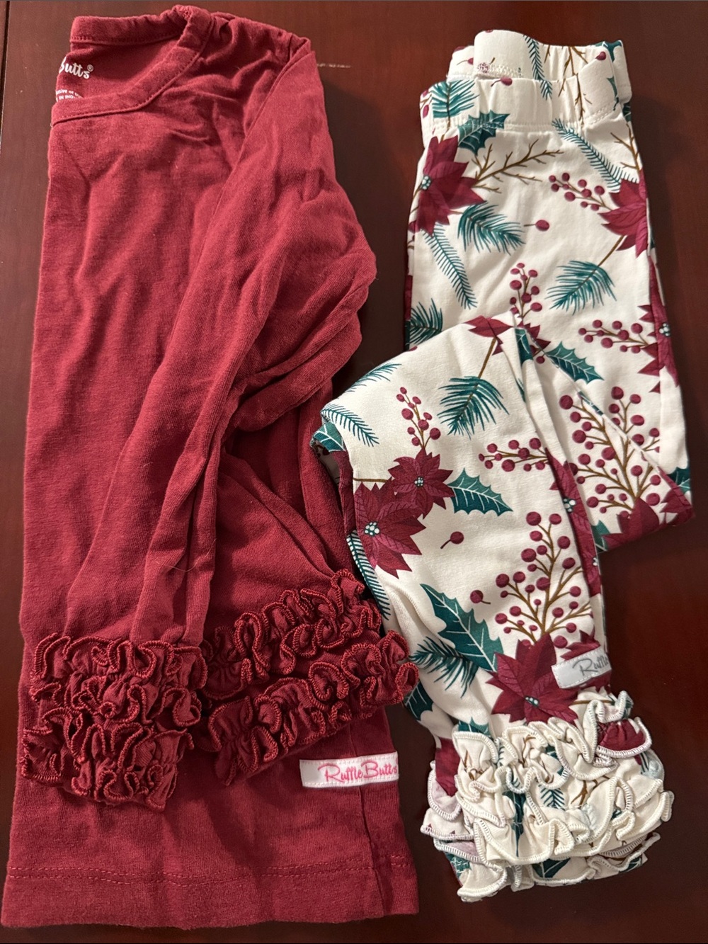 Ruffle Butts Red Top with Cream Poinsettia Print Leggings